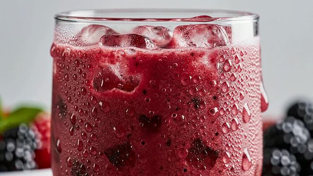 Close-Up View Of A Refreshing Berry Smoothie With Condensation In A Clear Glass With Blackberries On The Side