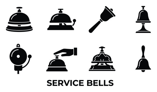 Service bells icons set black silhouette representing reception, hotel, and customer assistance.