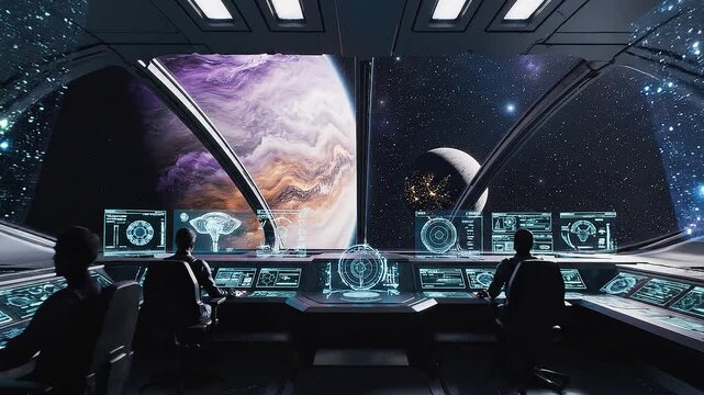 Cinematic establishing shot of futuristic control room with holographic displays and neon lighting