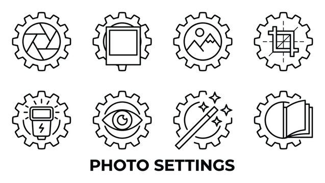 Set of eight photo editing icons in black outline on white background with title photo settings.