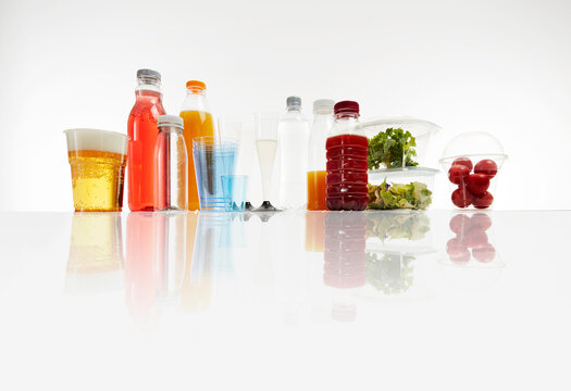 Various plastic packagings, beer, juice, cups
