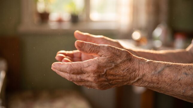 Senior person holding open empty hands in sunlight