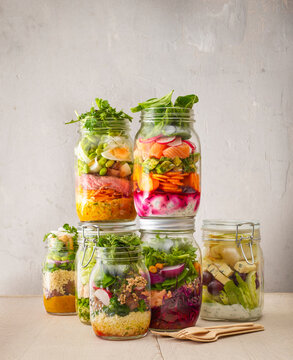 Preserving jars with various salads