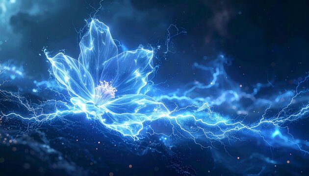 A luminous and ethereal flower composed of pure blue electricity blooms amidst cracking lightning bolts, creating a stunning cinematic digital artwork.