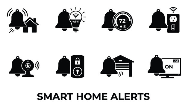 Smart home alerts vector icons set showing security and device notifications for connected household systems.