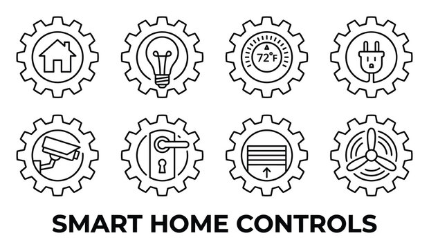 Smart home controls line art icons in gear shapes for managing automated household devices and systems.