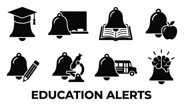 Solid education notification glyph icons collection with graduation cap blackboard book and bus set.