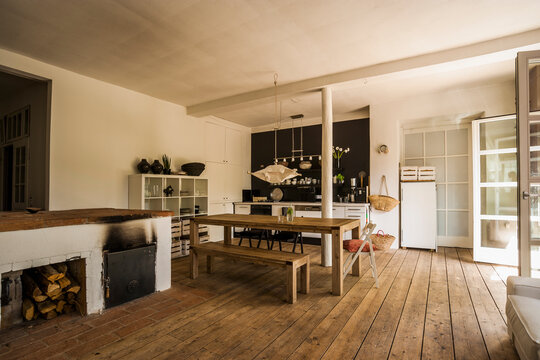 Spacious dining room with wooden floor