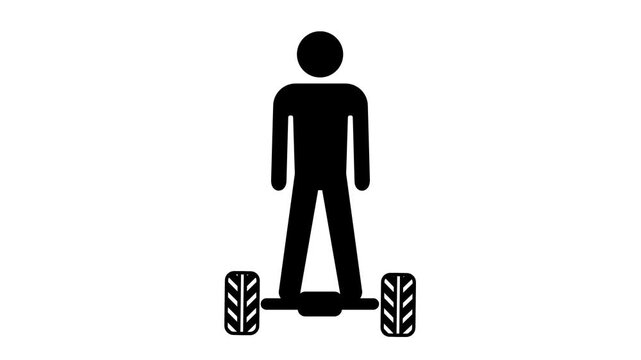A human figure standing between two large wheels suggesting a person riding or operating a wheel-based vehicle or device