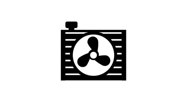A radiator cooling fan unit with visible blades inside a rectangular frame representing an automotive engine cooling system