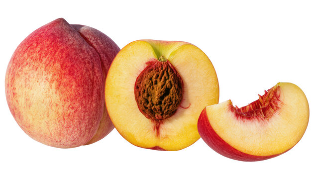 Whole and sliced ripe peaches with visible pit and red blush skin