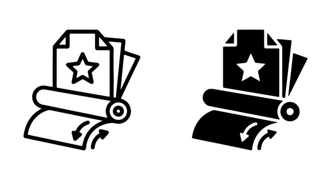 Printing Press Icons, Document Roll Machine Graphics, Star Paper Output Vector Set