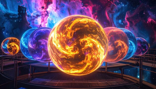Glowing Plasma Containment Spheres Swirling with Intense Energy in Cosmic Nebula