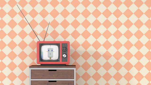 Female anchorwoman on chest of drawers in retro Tv, 3d rendering