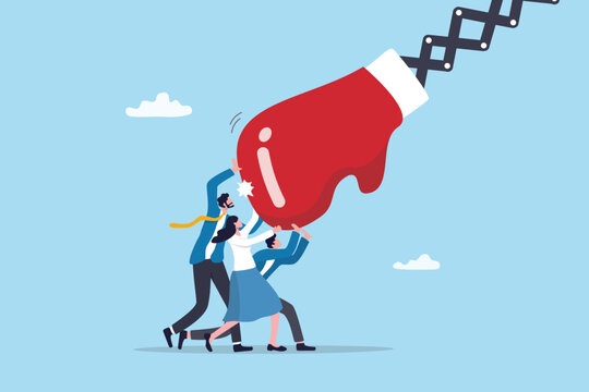 Effort and courage to solve problem together, teamwork to help resilience team, assistance to overcome burden challenge, business employees help push back boxing glove to overcome work difficulty.
