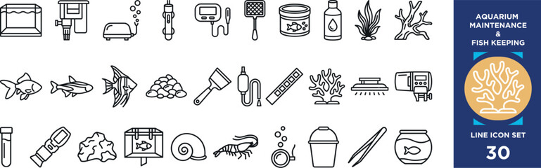 Aquarium maintenance and fish keeping line icon set including fish tank filter heater plants and accessories. © Vectorar M A