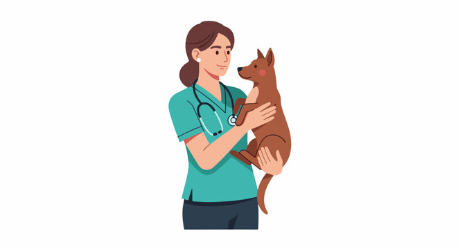 Veterinarian holding a brown dog, wearing scrubs and stethoscope