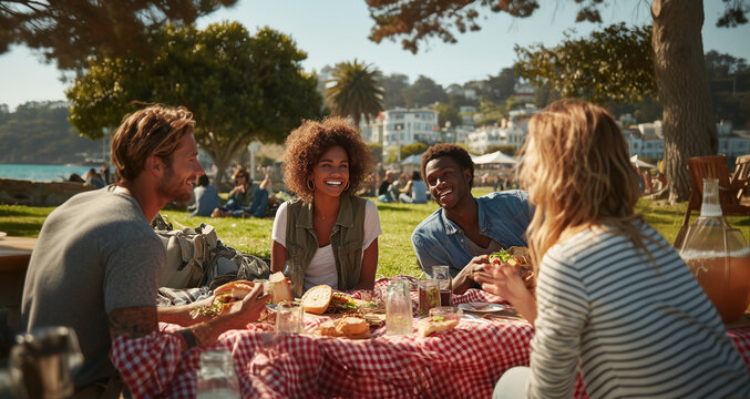 Sunlit picnic beneath a tall tree. Four friends laugh, share food, and enjoy each other's company. Red-and-white checked tablecloth adds charm to the scene