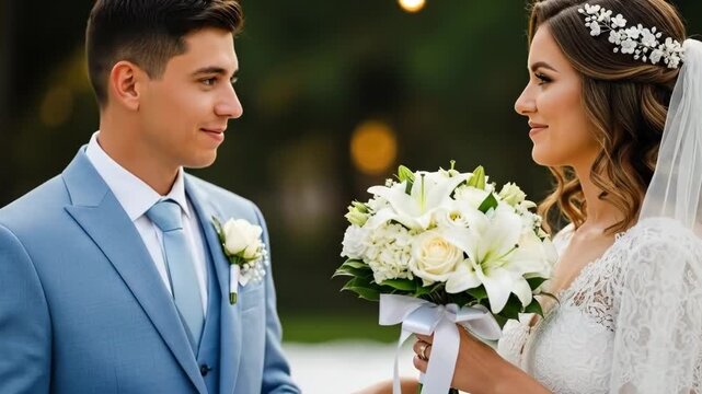 A groom gently placing a ring on the finger of his beautiful young bride