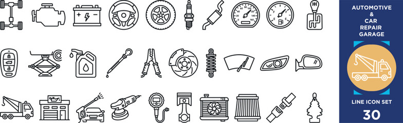 Automotive and car repair garage vector line icon set with engine battery tires tools and tow truck. © Vectorar M A