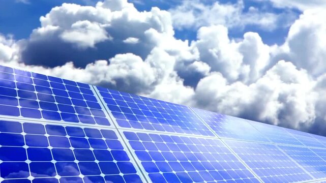 Solar panels under cloudy sky.