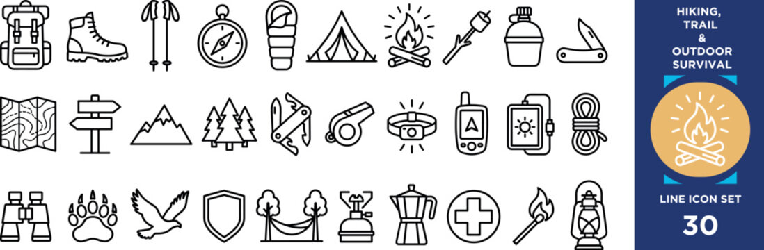 Hiking trail and outdoor survival line icons set collection camping equipment backpack boots compass sleeping bag tent campfire marshmallow water bottle knife.
