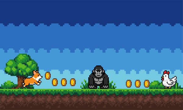 Pixel Art Platform Game Background with Corgi Gorilla Chicken and Gold Coins