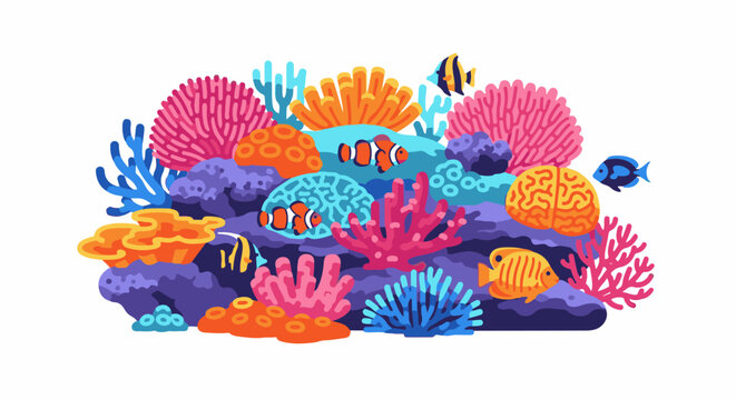 Vibrant coral reef ecosystem with clownfish, angelfish, and brain coral
