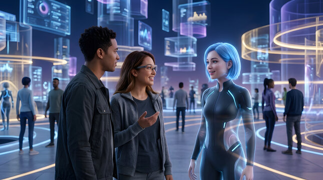 Diverse people interact with a blue ai avatar in a vibrant metaverse, surrounded by holographic data and digital interfaces