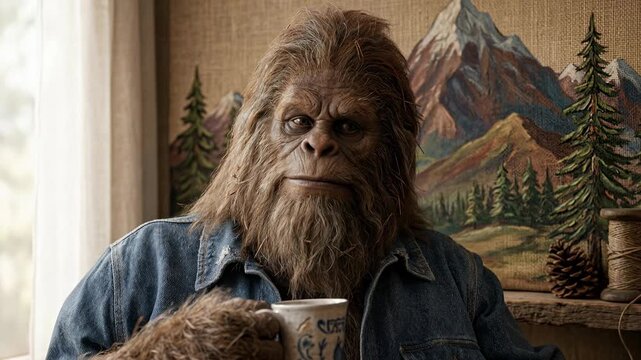 Bigfoot enjoying a quiet moment with a warm beverage in a rustic cabin setting. A hairy, mythical creature, often called Bigfoot or Sasquatc