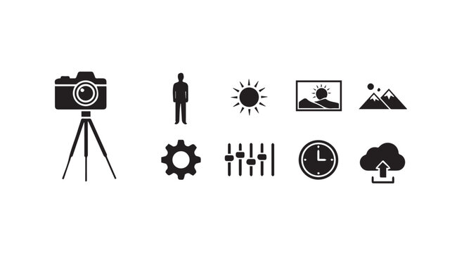 Camera icons set with tripod person sun landscape mountains gear sliders clock and upload symbol