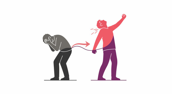 Two stylized figures, one in distress, tethered to a vocal, aggressive figure