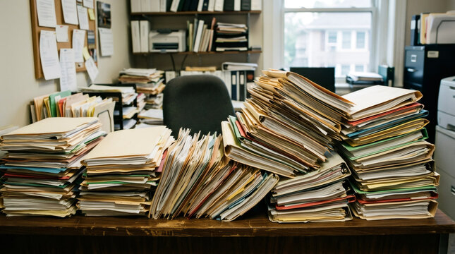 Large stacks of paper file folders on messy office desk. Busy workplace with piles of documents. Overwhelmed work environment, administrative task management and corporate productivity concept.
