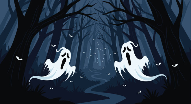 Dark and eerie nighttime forest with tall trees and glowing eyes where two white ghosts float across a narrow winding path.
