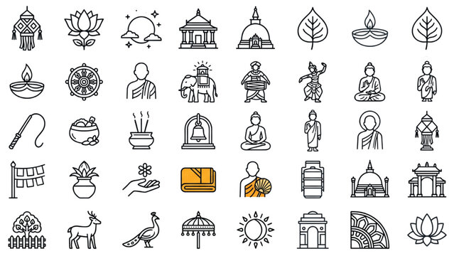 Poson Festival 36 Icon Set, Lantern Lotus Moon Temple Stupa Bodhi Leaf Oil Lamp Editable Stroke Vector Collection