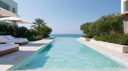 Fototapeta premium Luxury resort pool with clear water and sun loungers under umbrellas, surrounded by greenery and ocean view, captured in a wide shot at midday