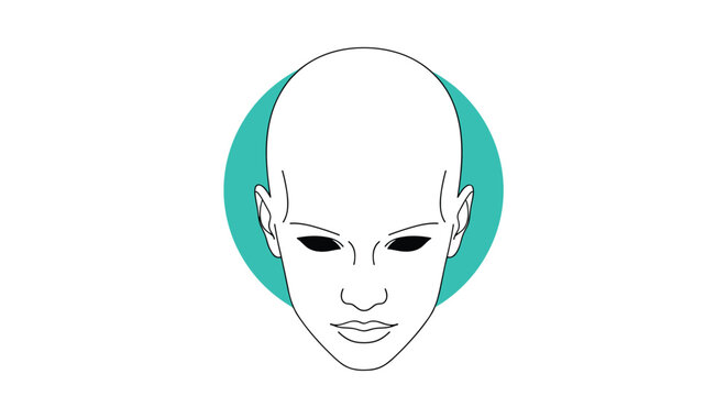 Symmetrical line art illustration of a bald human head with dark eyes centered on a teal circle against a white background.