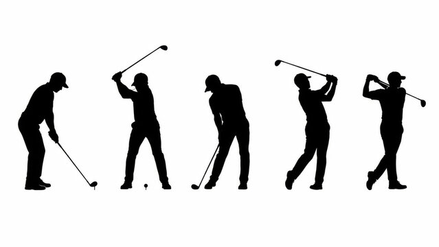 Set of black golf player silhouettes showing different stages of a golf swing motion in a sports sequence