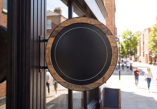 Black and wooden circular empty blank storefront signage Mockup. Generative ai