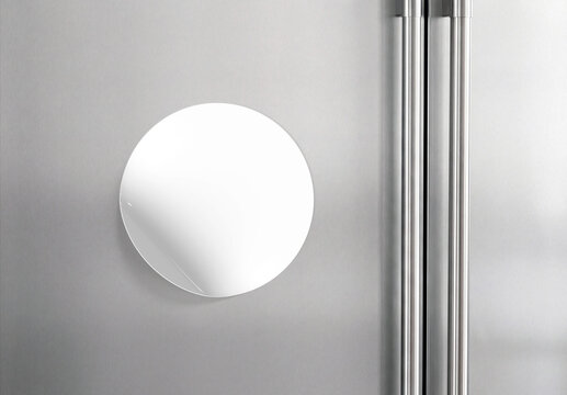 Blank circular sticker mockup on refrigerator door. Generative ai