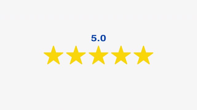 5 star review icon featuring bright golden stars and clean motion graphics. Isolated overlay with alpha background 4K video resolution.