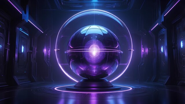 Futuristic Quantum Energy Sphere Suspended in a High-Tech Chamber with Neon Lighting