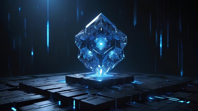 Mesmerizing blue crystal core radiating enigmatic energy, hovering above an intricate dark digital platform, symbolizing advanced technology and artificial intelligence