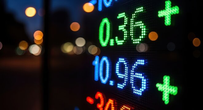 Close-up of Digital Stock Market Ticker Display with Glowing Numbers and Bokeh Background at Night