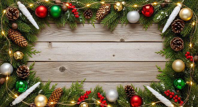 Christmas holiday border frame, green pine tree branches baubles ornaments pinecones lights wood planks red, shiny brown natural, silver gold icicles festive seasonal decoration winter glowing.
