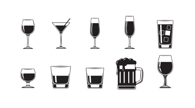 Collection of diverse drinkware icons in a clean white background setting