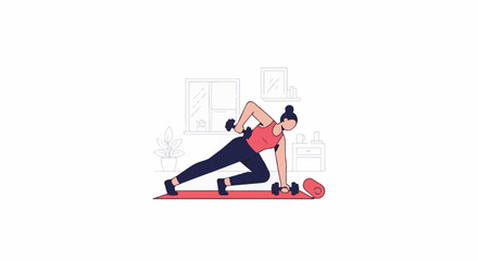 Fototapeta premium Woman doing dumbbell workout on yoga mat indoors