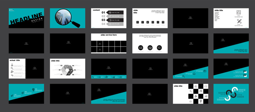 Business presentation template. Set, infographic elements, abstract blue design, black and white background. Office building, corporate photo, PowerPoint. Slideshow, annual report. Vector illustration