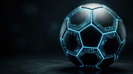 Fototapeta premium Soccer ball with glowing blue circuit pattern on black surface, futuristic technology concept with dark background