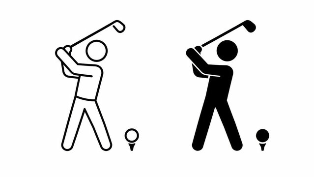 Black and white golf player icons showing a person hitting a golf ball with a club for sports design